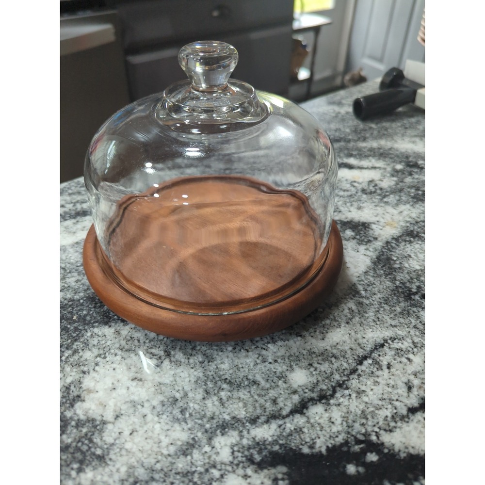 Vintage Cheese Teak Wood Board Charcuterie Round Glass Dome 7.5"x6" By Goodwood